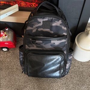 Itzy Ritzy Plus Large Black & Gray Camo Backpack with Faux Leather Pocket